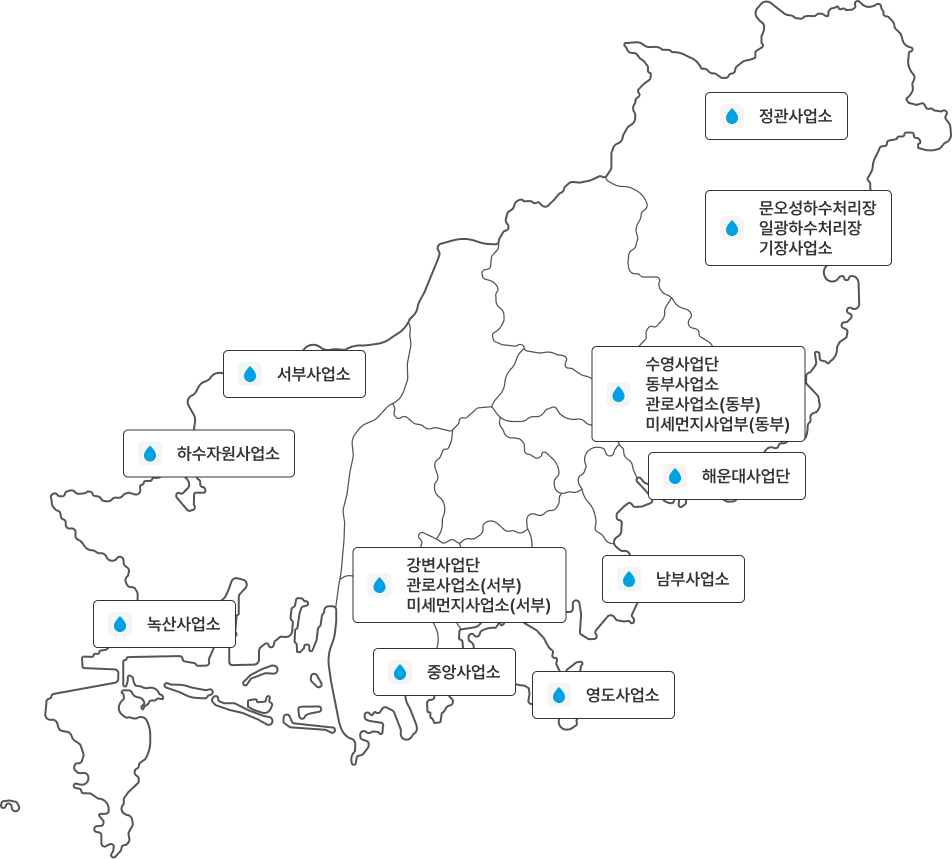 시설현황 하수처리시설 - 정관사업소, 기장사업소, 서부사업소, 수영사업단, 동부사업소, 관로사업소(동부), 미세먼지사업소(동부), 하수자원사업소, 녹산사업소, 강변사업단, 관로사업소(서부), 미세먼지사업소(서부), 중앙사업소, 영도사업소, 해운대사업단, 남부사업소